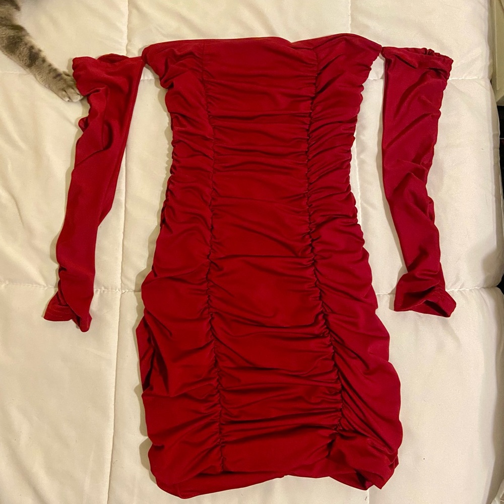 SHEIN Red Ruched Long Sleeve Dress